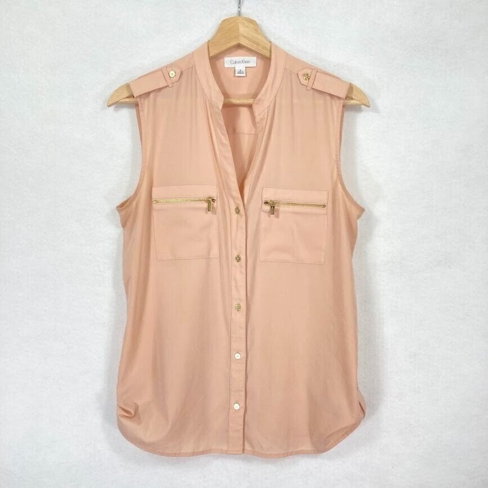 Calvin Klein Sleeveless Button Down Shirt Feminine Deep V-Neck S